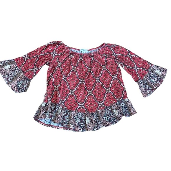 Style & Co Blouse Small Petite Bohemian Floral Bell Sleeve Red Gray Ruffled Boho - Picture 1 of 7